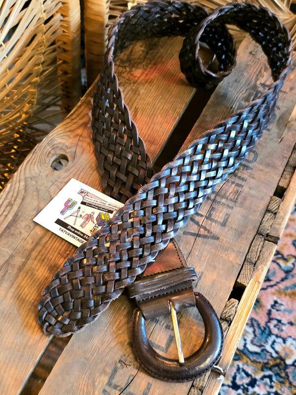 Vintage brown leather long braided belt
