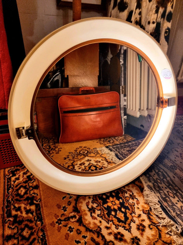 Vintage 70's Space Age Round Mirror with Lighting from Allibert