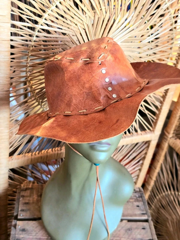 Vintage 80s Leather Cowboy Hat