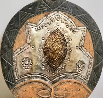 Vintage Hand-Carved West African "Moon Mask" – Wood & Brass