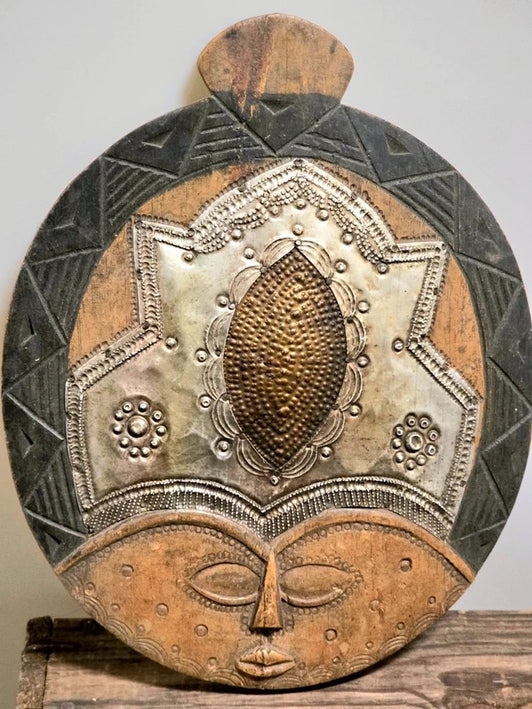 Vintage Hand-Carved West African "Moon Mask" – Wood & Brass