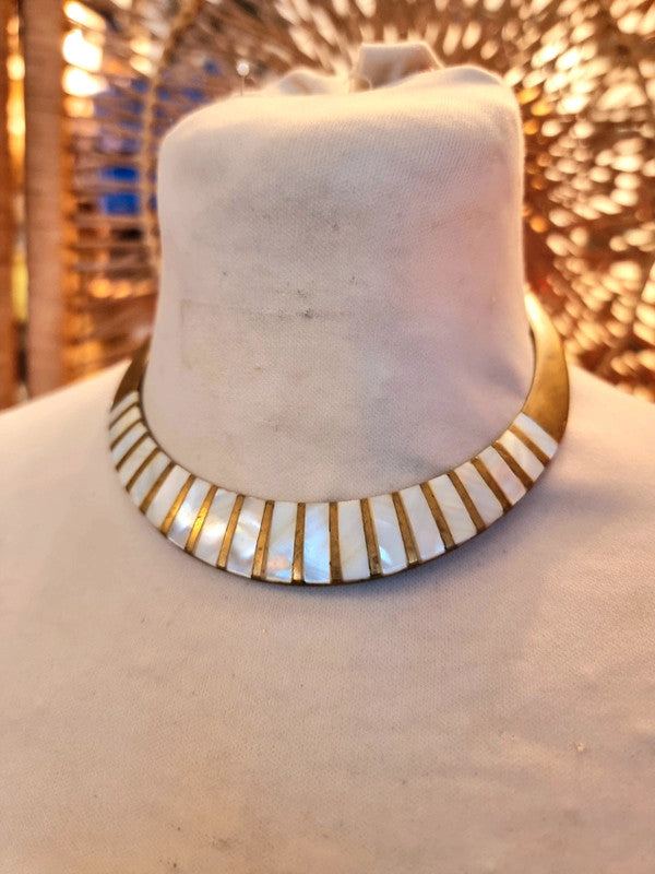 Vintage 70's Mother Of Pearl & Brass Choker Necklace