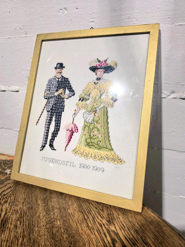 Framed Art Nouveau Cross stitch'Tapestry' Wall hanging