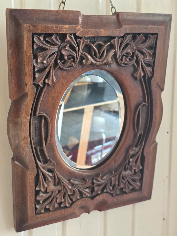 Antique Hand Carved Oak Framed Mirror