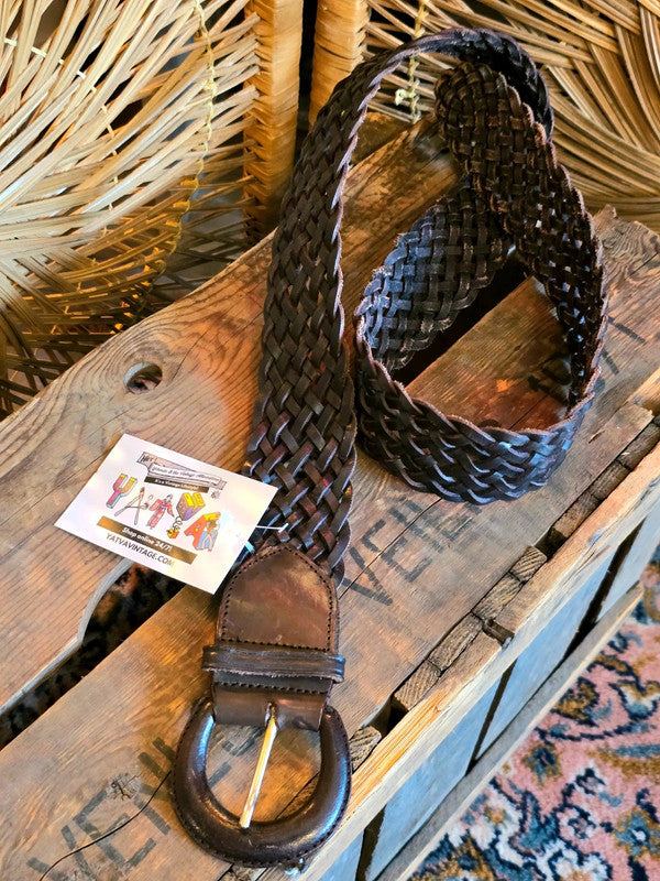 Vintage brown leather long braided belt
