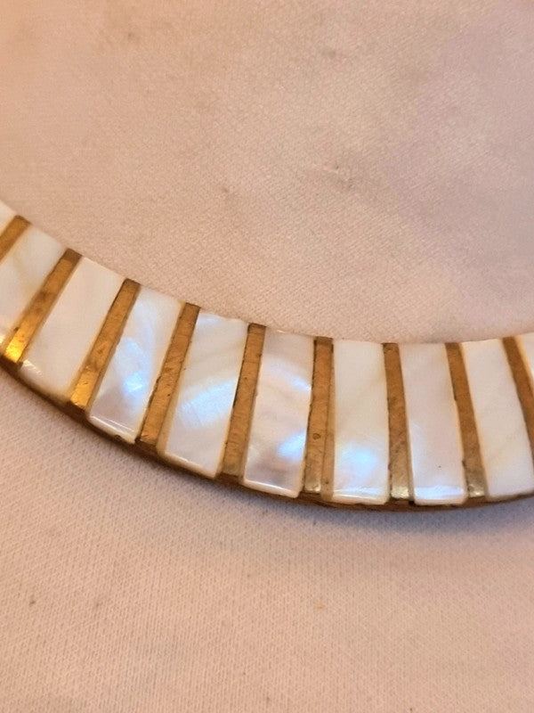 Vintage 70's Mother Of Pearl & Brass Choker Necklace