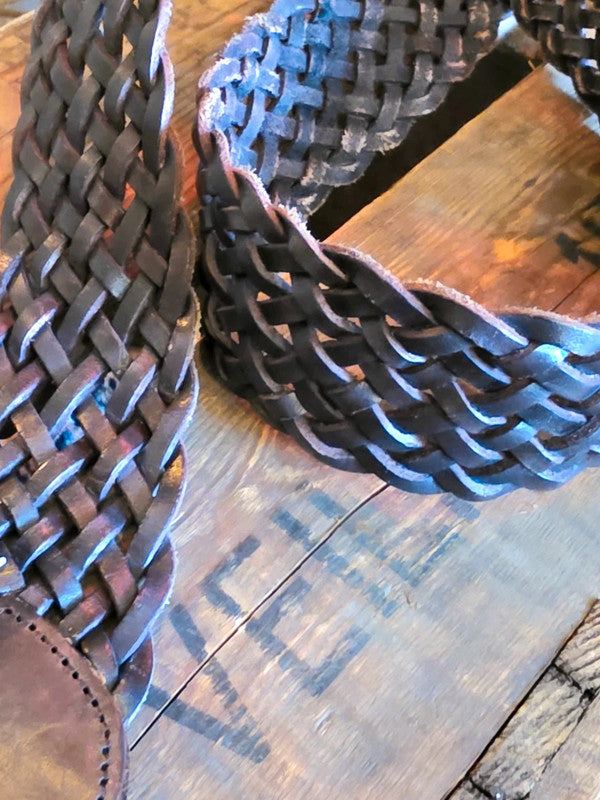 Vintage brown leather long braided belt