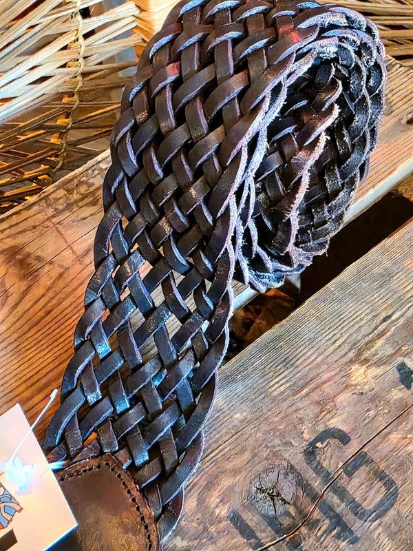 Vintage brown leather long braided belt
