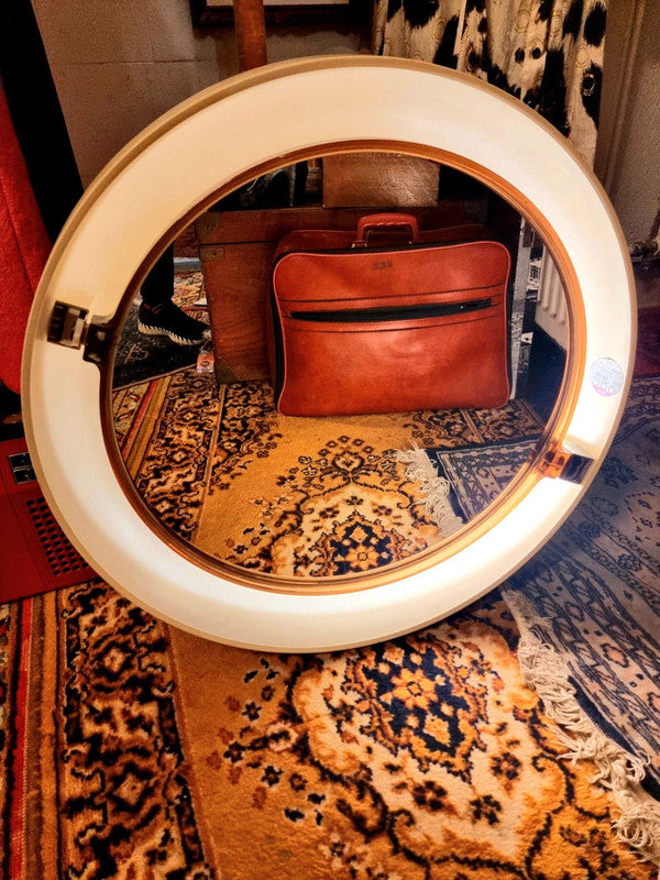 Vintage 70's Space Age Round Mirror with Lighting from Allibert