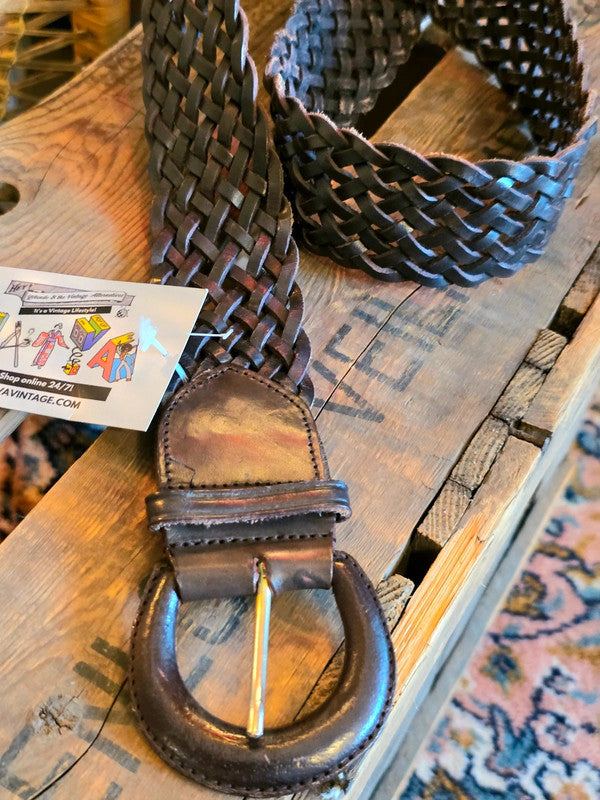 Vintage brown leather long braided belt