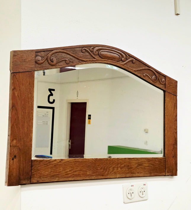 Antique Art Deco / Nouveau Carved Oak Mirror - 1920s Wall Mirror - Yatva