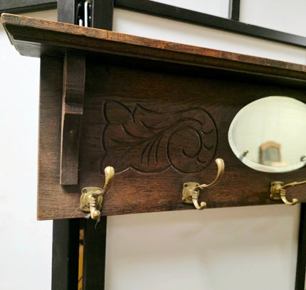Art Nouveau / Carved Wooden Antique Oak Wall Coat Rack(ca. 1910–1920) - Yatva