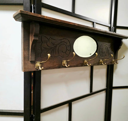 Art Nouveau / Carved Wooden Antique Oak Wall Coat Rack(ca. 1910–1920) - Yatva