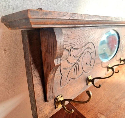 Art Nouveau / Carved Wooden Antique Oak Wall Coat Rack(ca. 1910–1920) - Yatva