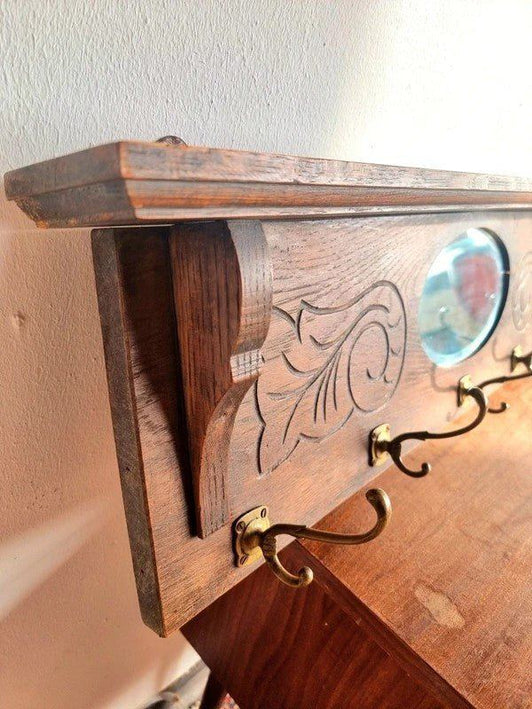 Art Nouveau / Carved Wooden Antique Oak Wall Coat Rack(ca. 1910–1920) - Yatva