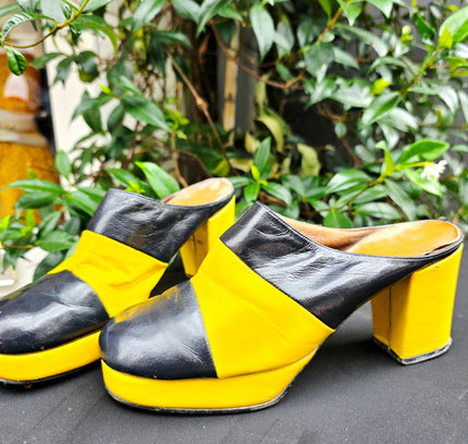 Authentic Vintage 1970s Color-Block Leather Platform Mule Heel Slides - Rare 70s - Yatva