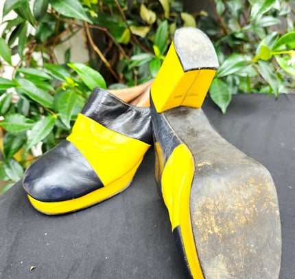 Authentic Vintage 1970s Color-Block Leather Platform Mule Heel Slides - Rare 70s - Yatva