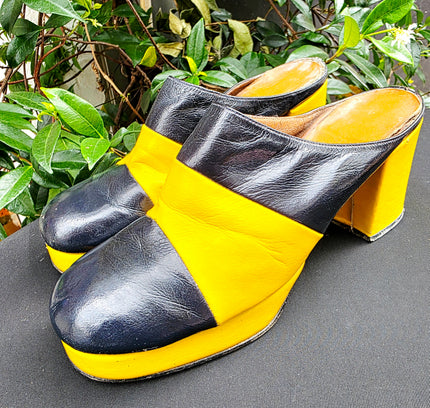 Authentic Vintage 1970s Color-Block Leather Platform Mule Heel Slides - Rare 70s - Yatva
