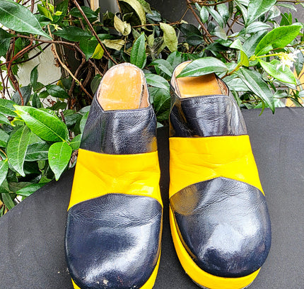 Authentic Vintage 1970s Color-Block Leather Platform Mule Heel Slides - Rare 70s - Yatva