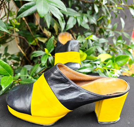 Authentic Vintage 1970s Color-Block Leather Platform Mule Heel Slides - Rare 70s - Yatva