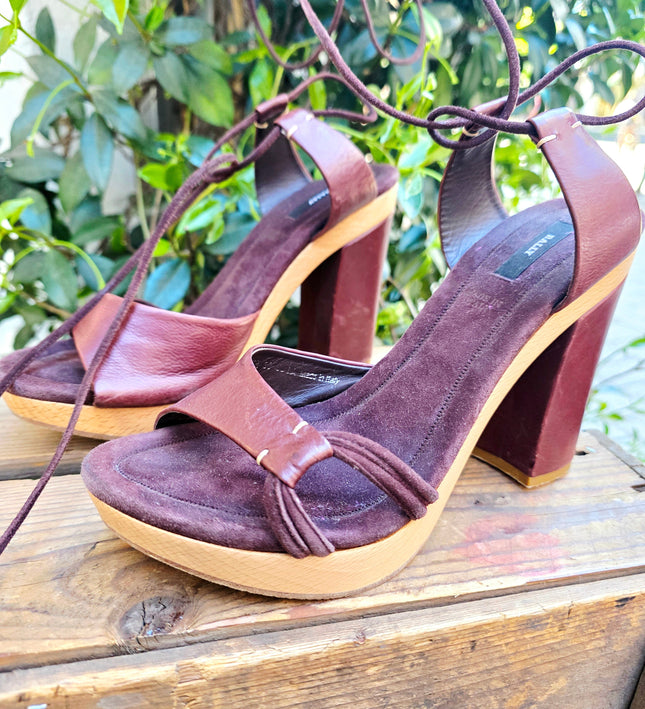 Bally Vintage Wooden Platform Sandals - Mahogany Leather Lace - Up Sandal Heels - Yatva