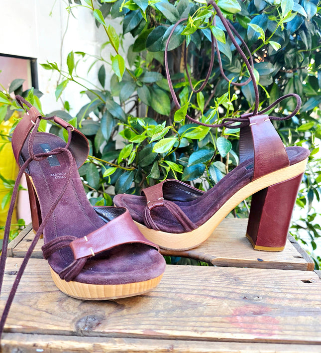 Bally Vintage Wooden Platform Sandals - Mahogany Leather Lace - Up Sandal Heels - Yatva
