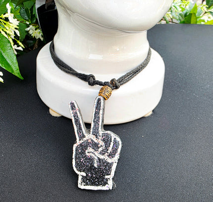 Brand New Handmade Beaded Peace Sign Hand Necklace Black Cord Boho - Yatva