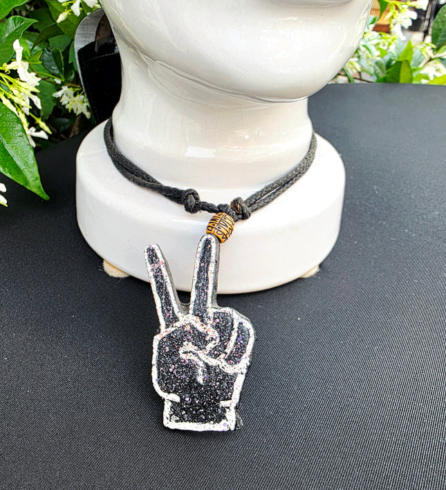 Brand New Handmade Beaded Peace Sign Hand Necklace Black Cord Boho - Yatva