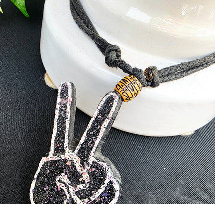Brand New Handmade Beaded Peace Sign Hand Necklace Black Cord Boho - Yatva