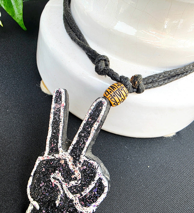 Brand New Handmade Beaded Peace Sign Hand Necklace Black Cord Boho - Yatva