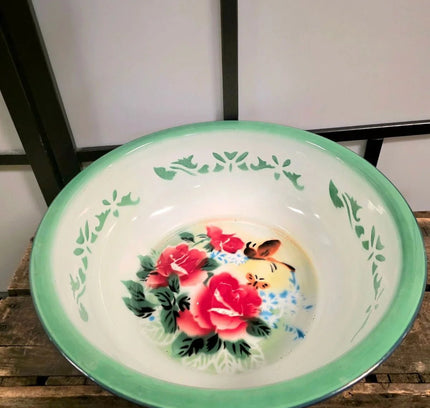 Butterfly Design with Green Rims Basin Enamel Pot - Yatva