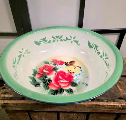 Butterfly Design with Green Rims Basin Enamel Pot - Yatva