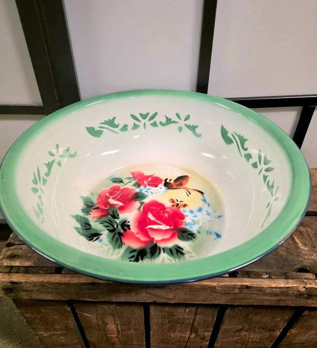 Butterfly Design with Green Rims Basin Enamel Pot - Yatva