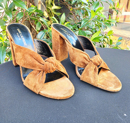 Designer Saint Laurent Bianca Knotted Suede Mules (YSL) - Yatva