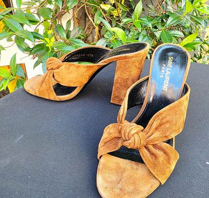 Designer Saint Laurent Bianca Knotted Suede Mules (YSL) - Yatva