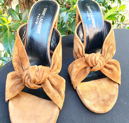 Designer Saint Laurent Bianca Knotted Suede Mules (YSL) - Yatva