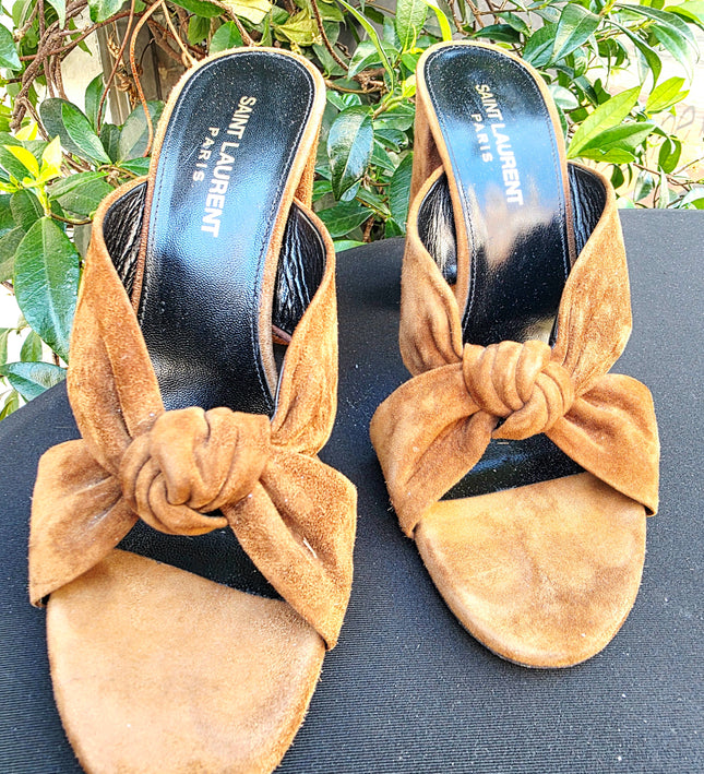 Designer Saint Laurent Bianca Knotted Suede Mules (YSL) - Yatva