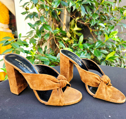 Designer Saint Laurent Bianca Knotted Suede Mules (YSL) - Yatva
