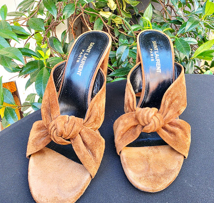 Designer Saint Laurent Bianca Knotted Suede Mules (YSL) - Yatva