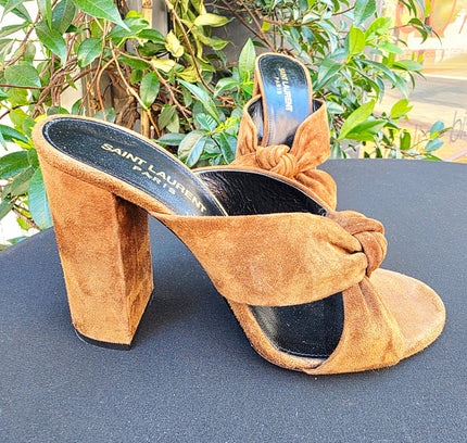 Designer Saint Laurent Bianca Knotted Suede Mules (YSL) - Yatva
