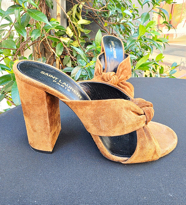 Designer Saint Laurent Bianca Knotted Suede Mules (YSL) - Yatva