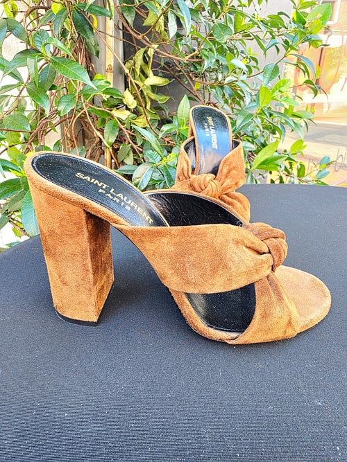 Designer Saint Laurent Bianca Knotted Suede Mules (YSL)