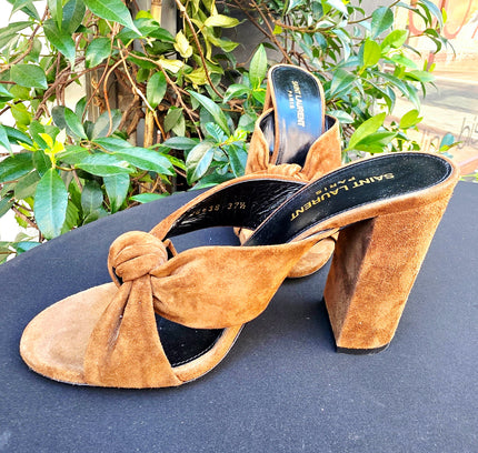 Designer Saint Laurent Bianca Knotted Suede Mules (YSL) - Yatva