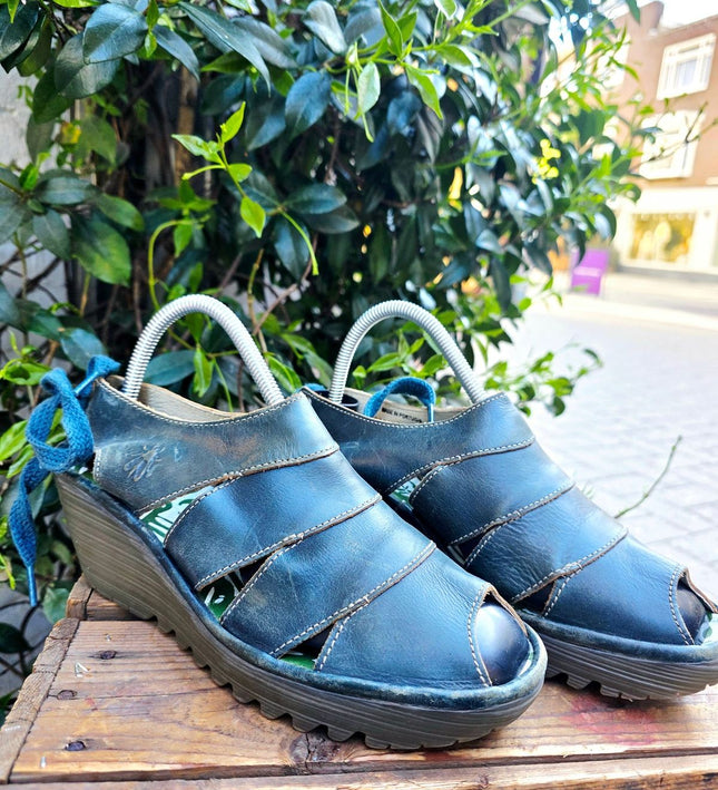 Fly London Vintage Turquoise Leather "Yown" Wedge Sandals Shoes - Yatva