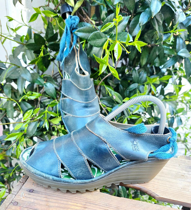 Fly London Vintage Turquoise Leather "Yown" Wedge Sandals Shoes - Yatva