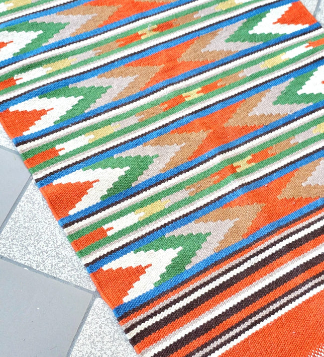 Handwoven Cotton Kilim Runner Rug 60x120 cm - Boho Geometric Tribal Area Rug - Yatva