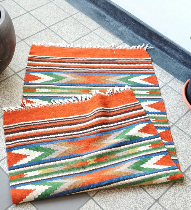 Handwoven Cotton Kilim Runner Rug 60x120 cm - Boho Geometric Tribal Area Rug - Yatva