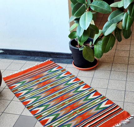 Handwoven Cotton Kilim Runner Rug 60x120 cm - Boho Geometric Tribal Area Rug - Yatva