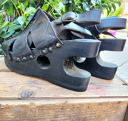RARE Vintage 90s Gaster Architectural Platform Clogs – Carved Wood Cutout Wedge shoes