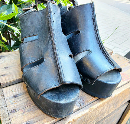 RARE Vintage 90s Gaster Architectural Platform Clogs – Carved Wood Cutout Wedge shoes